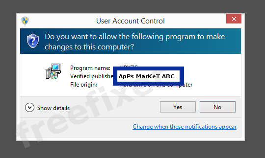 Screenshot where ApPs MarKeT ABC appears as the verified publisher in the UAC dialog
